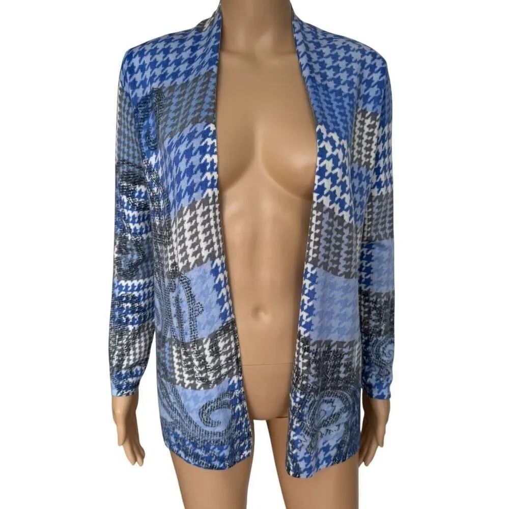 Talbots Blue & White Houndstooth Cardigan Sweater Sz Sp 100% Merino Wool